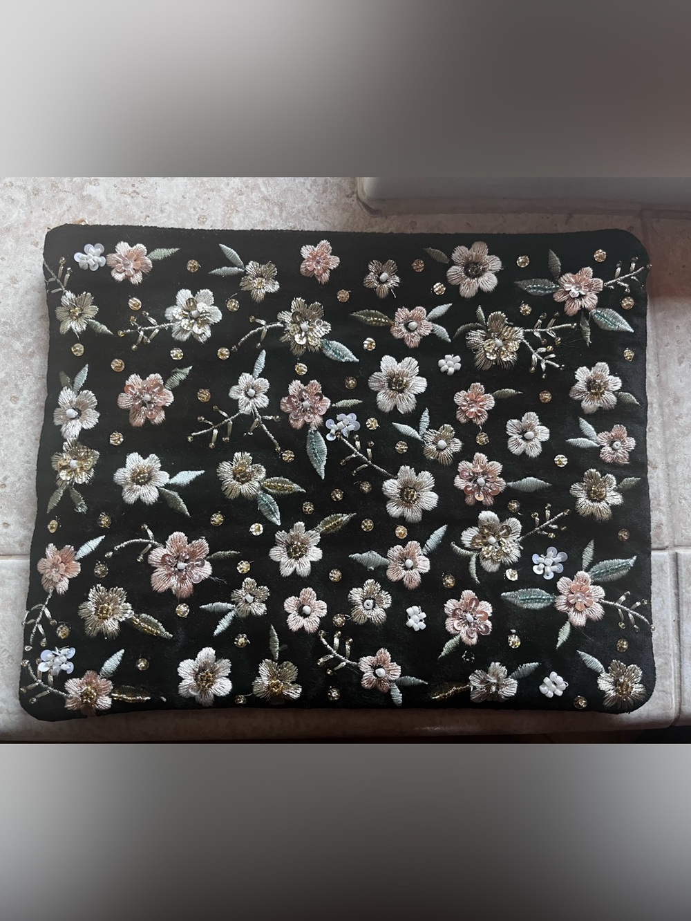 Embroidered Floral Black Clutch with Pink & Ivory Flowers